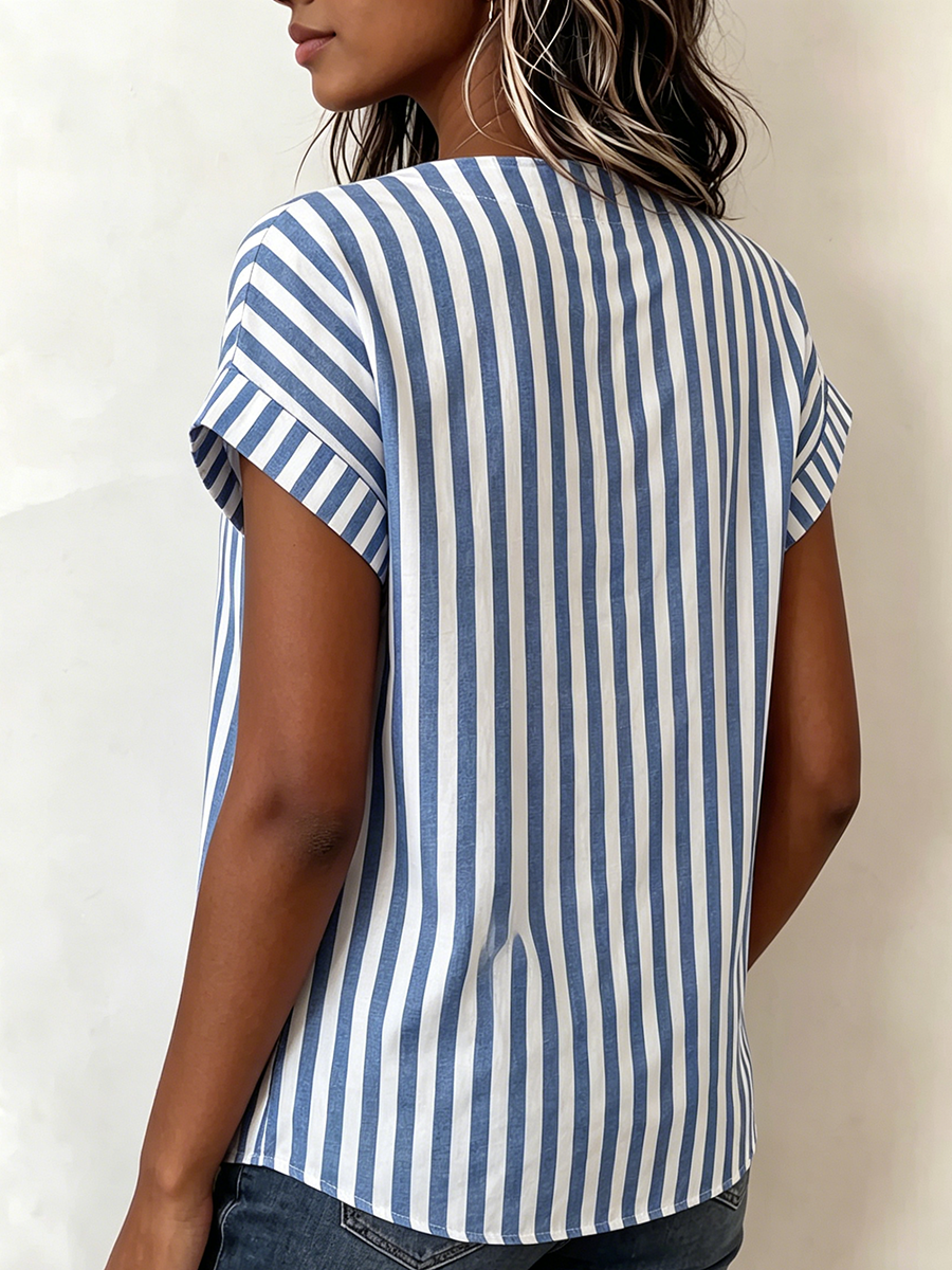 Resort-ready Vertical Stripe Short Sleeve Shirt With Vintage Buttons