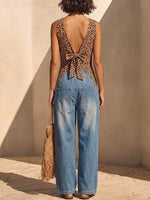 Women's V-neck Sleeveless Casual Loose-fit Leopard Print & Denim Patchwork Wide-leg Jumpsuit