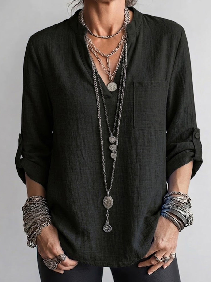 Long-sleeve Linen Top Featuring A Split Mandarin Collar, V-neck, Roll-up Sleeves, And Patch Pockets