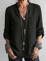 Long-sleeve Linen Top Featuring A Split Mandarin Collar, V-neck, Roll-up Sleeves, And Patch Pockets