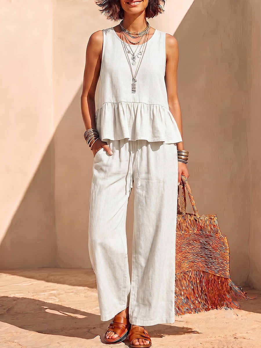 Women's Solid-color Cotton-linen Set: Sleeveless Round-neck Loose-fit Top & High-waisted Wide-leg Pants