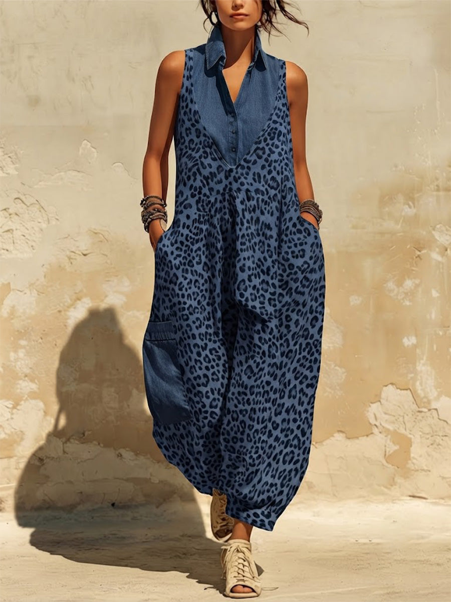Denim Lapel Fake Two-piece Splice Blue Leopard V-neck Sleeveless Loose Cuffed Harem Jumpsuit
