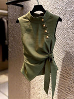Casual Linen-cotton Sleeveless Top With Metal Buckle
