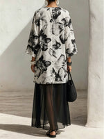 Women's Floral Art Print Casual Patchwork Stylish 3/4 Sleeve Maxi Dress