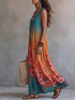 Bohemian Floral Print Sleeveless Linen And Cotton Maxi Dress