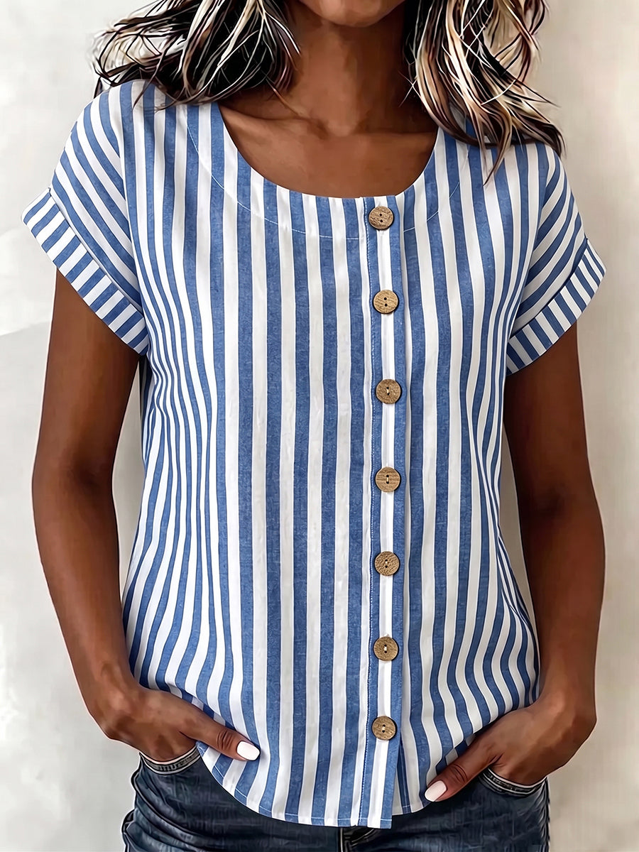 Resort-ready Vertical Stripe Short Sleeve Shirt With Vintage Buttons