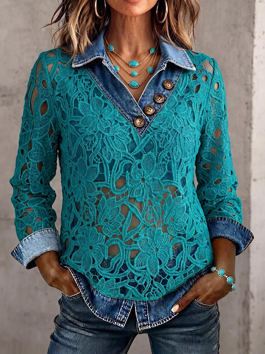 Vintage Elegant Floral Embroidered Cutout Lace Patchwork Denim Shirt