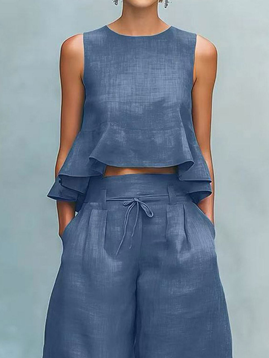 Women's Casual Stylish Ruffled Loose Sleeveless Top And Pants Linen Two-piece Set