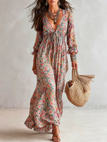 Women's Retro Floral Art Print Casual Long Sleeve Maxi Dress