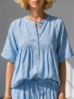 Comfortable And Casual Two-piece Set Featuring A Linen-cotton Top And Lantern Pants.
