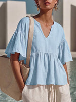 Relaxed-fit V-neck Cotton-linen Top With Ruffled Elbow-length Sleeves