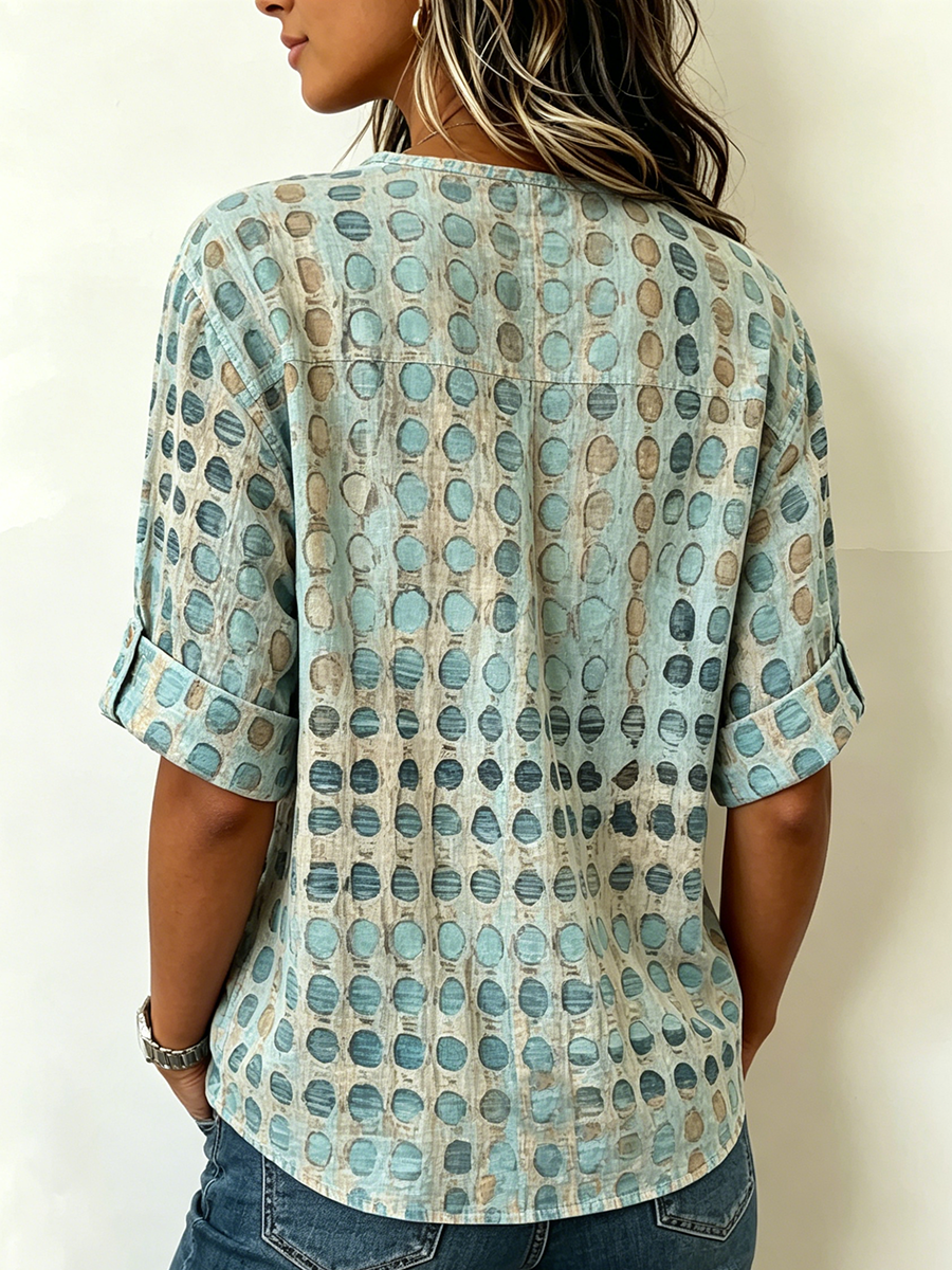 Artistic Watercolor Polka-dot Print Cotton-linen Henley Shirt