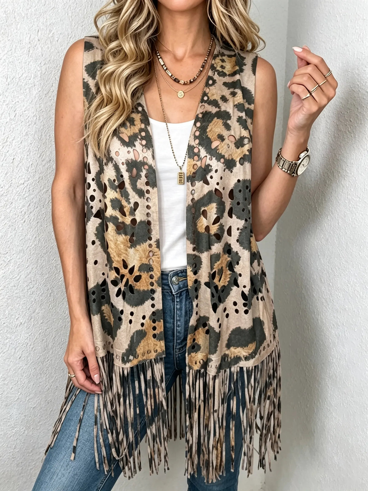 Women's Leopard Fringe Vest
