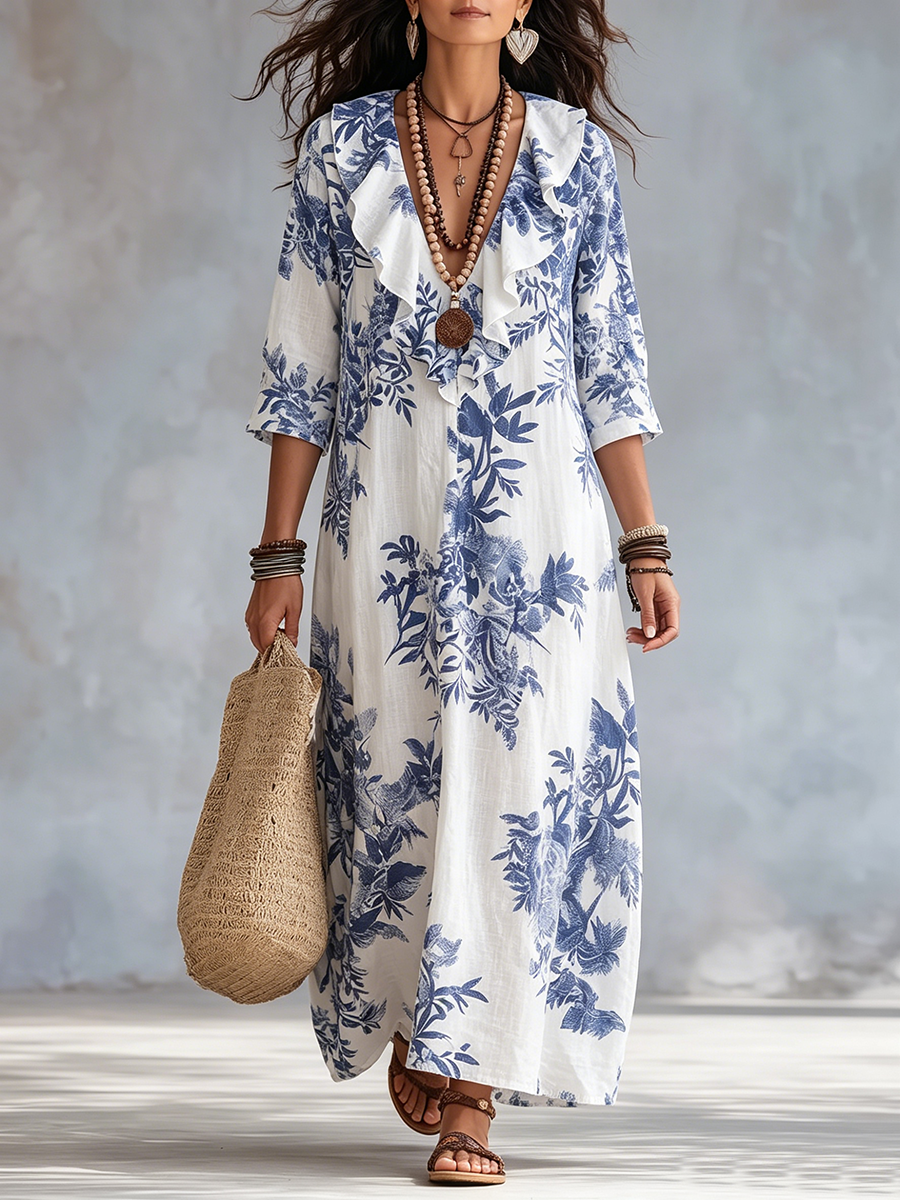 Romantic Ruffled Floral Cotton-linen Dress