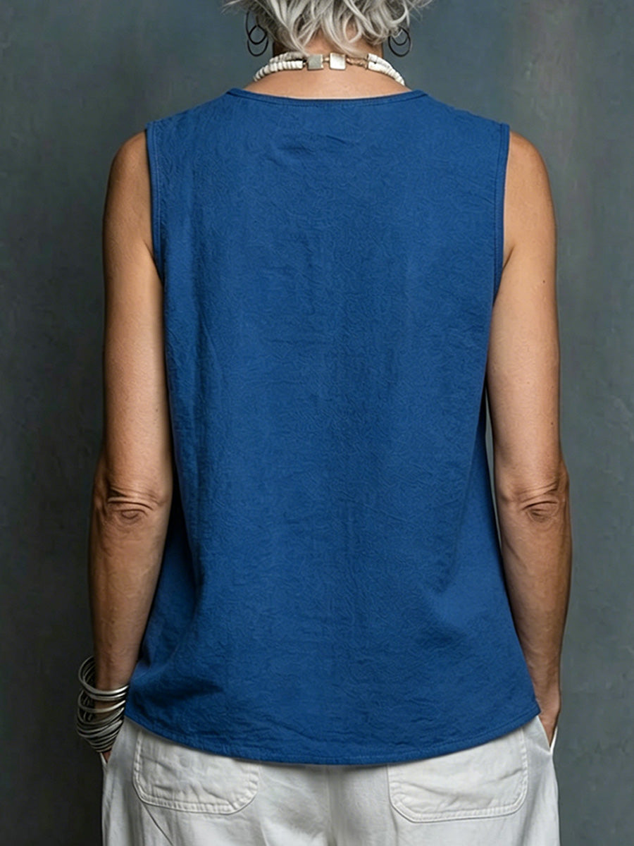 Color-block Cotton-linen Tank Top With A Round Neck, Sleeveless Design, And Asymmetrical Curved Hem