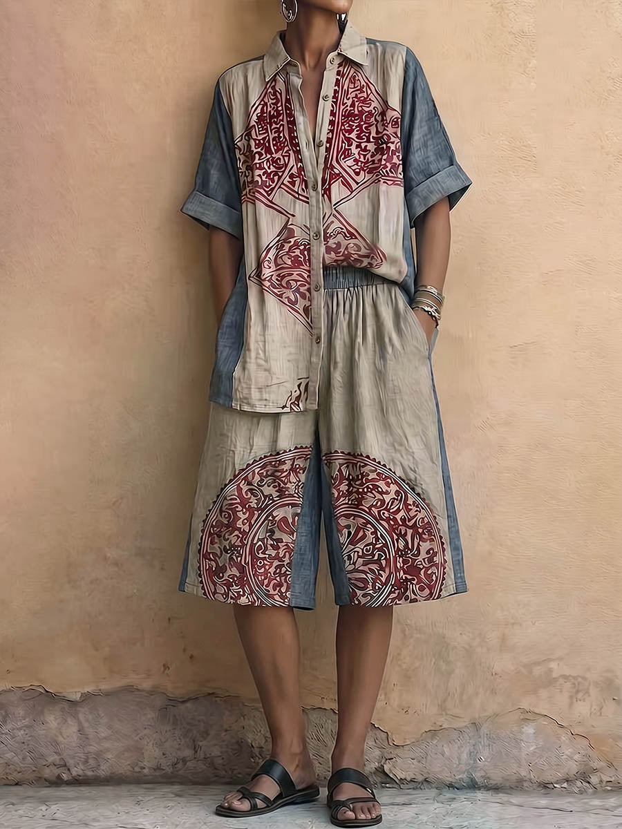 Women's Vintage Placement-print Cotton-linen Set: Short-sleeve Collared Loose Top & High-waisted Wide-leg Shorts