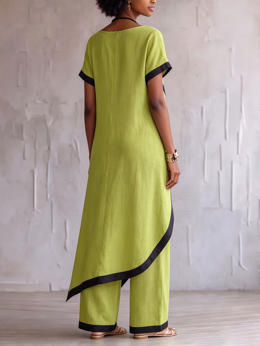 Stylish Resort Wear Cotton-linen Two-piece Set With Elegant Color-contrast Trim