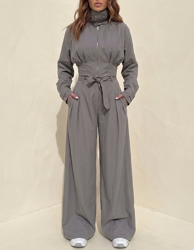 Women's Two-piece Casual Utility Set Featuring A Short, Stand-collar Zip-up Jacket And Wide-leg Trousers With A Tie-waist.