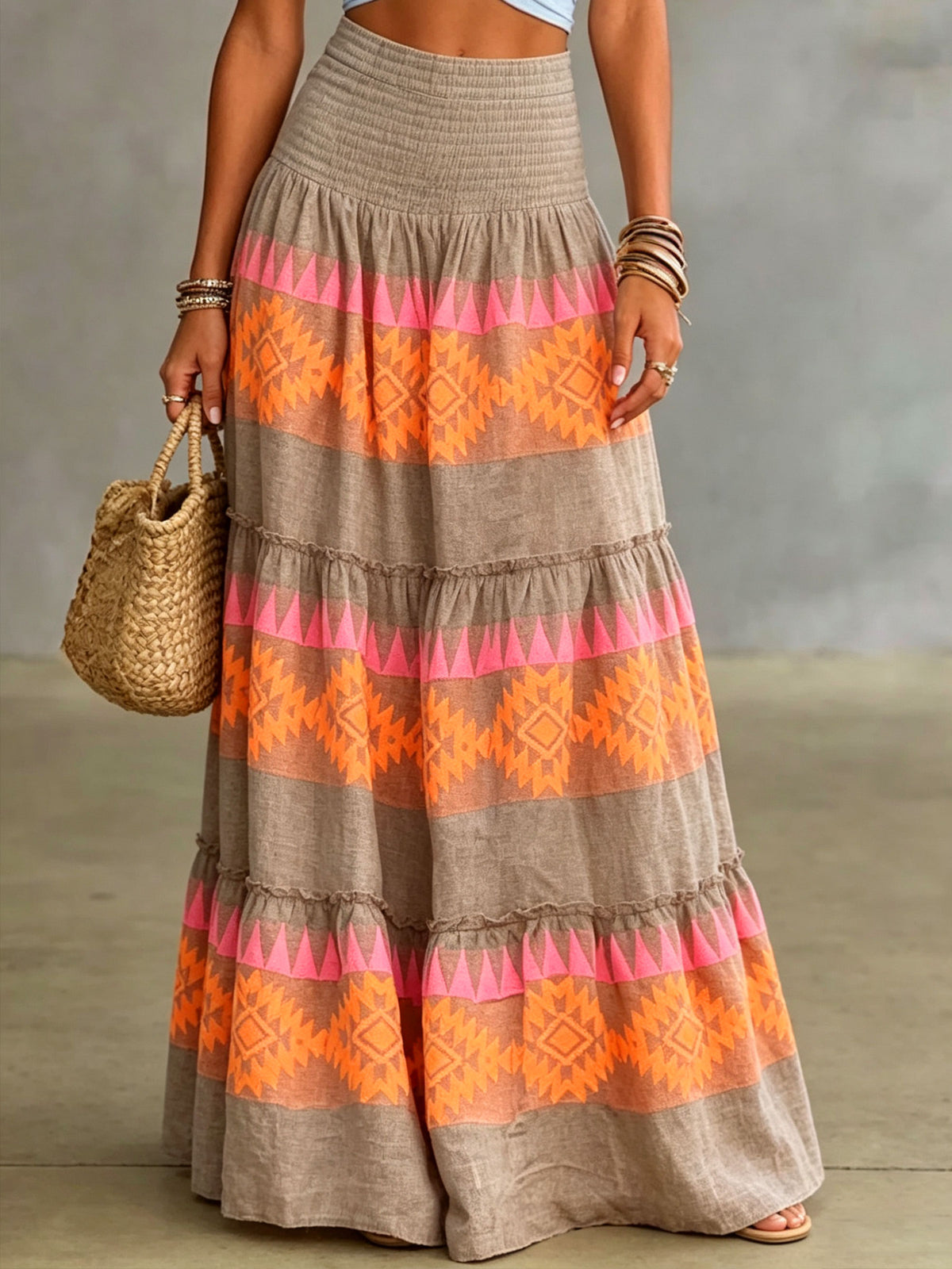Women‘s Aztec Geometric Print Smocked High Waist Tiered Maxi Skirt