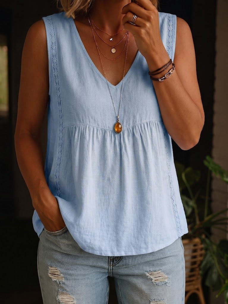Minimalist Cotton-linen Blend Sleeveless Top With Lace Trim Details.