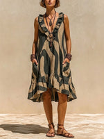 Loose Sleeveless V-neck Dress With Abstract Wave Print And Lettuce-edge Trim