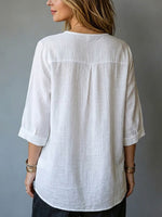 Wave Lace Embroidered V-neck Seven Quarter Bubble Sleeve Cotton And Linen Top