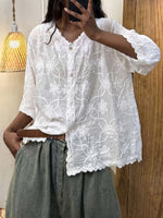 Women's Solid Color V-neck 3/4 Sleeve Casual Loose Embroidered Cotton-linen Top