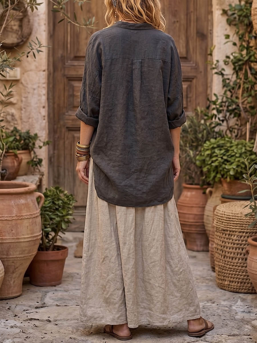 Women's Cotton-linen Set: Solid-color Stand-collar Long-sleeve Loose Casual Top & High-waisted A-line Skirt