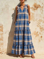 Women's Plaid Pattern Art Ruffled Casual Stylish Cotton Linen Maxi Dress