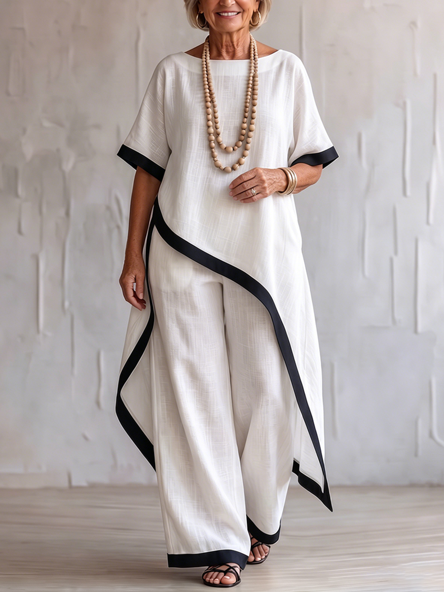 Timeless Elegance – Contrast-trim Cotton-linen Two-piece Set