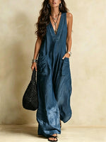 V-neck Sleeveless Loose-fit Utility Jumpsuit With Large Patch Pockets