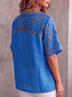 Vintage Elegant Patchwork Denim Leopard Cut-Out Cotton-Linen Shirt