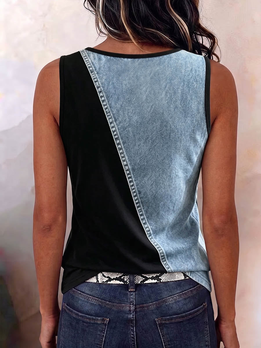 Women's V-neck Sleeveless Casual Loose-fit Color-block Panel Top