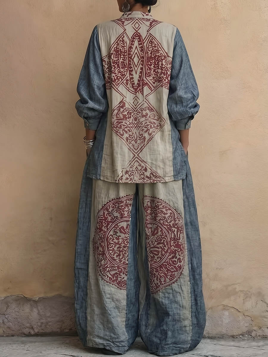 Women's Vintage Placement-print Cotton-linen Set: Long-sleeve Stand-collar Loose Top & High-waisted Wide-leg Pants