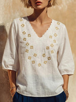 Scalloped V-neck Floral Embroidered Cotton-linen Top With 3/4 Puff Sleeves