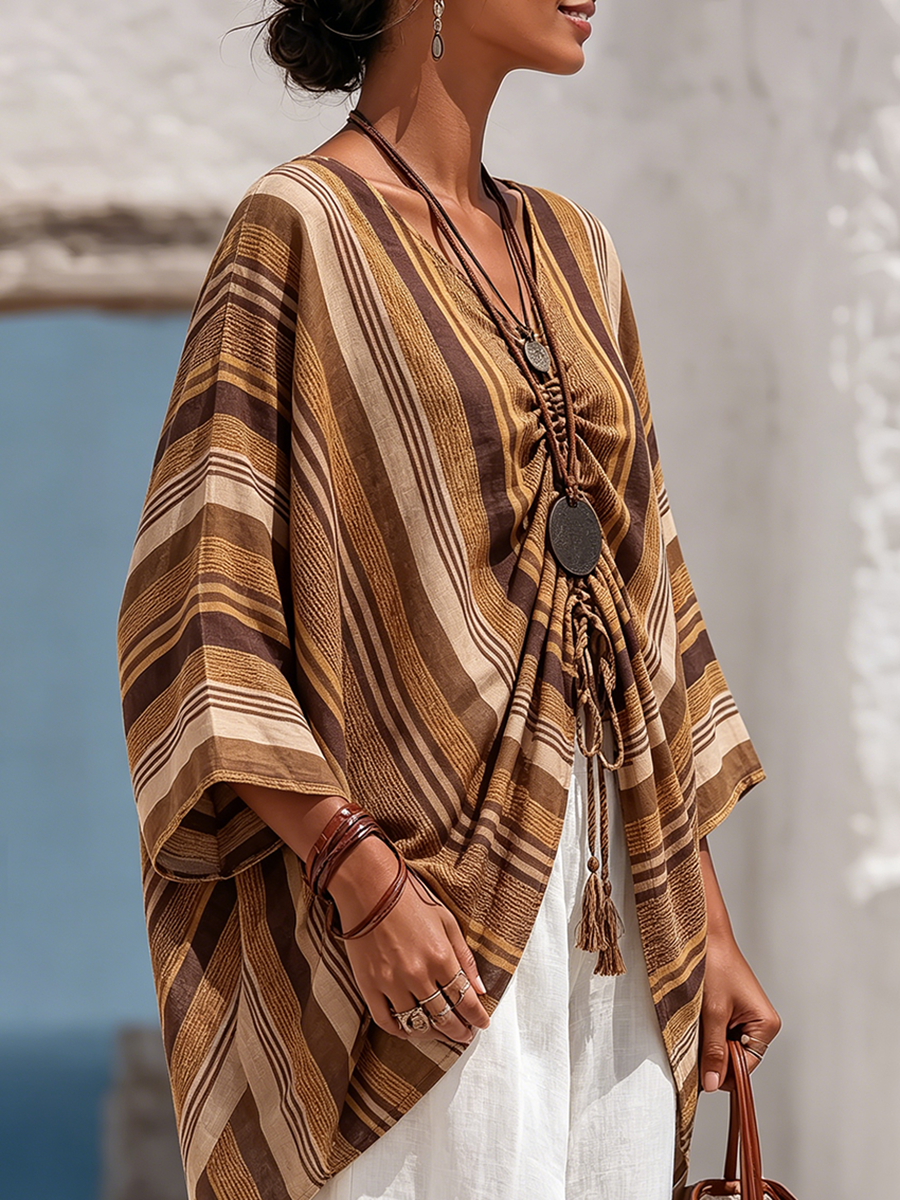 Boho-chic Style Striped Poncho Blouse