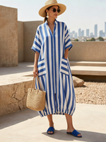 Relaxed Striped Zip-front Cotton-linen Balloon Dress