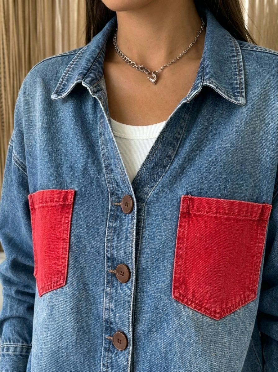 Women’s Contrast Red Pocket Oversized Collared Long Sleeve Denim Shirt Jacket