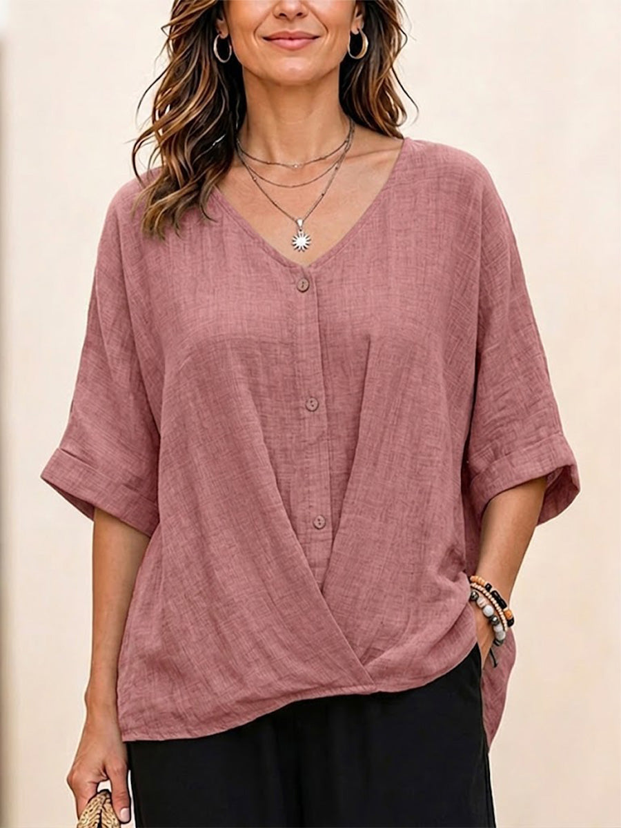 Laid-back Resort Solid V-neck Wooden Button Irregular Cross Hem Linen Shirt