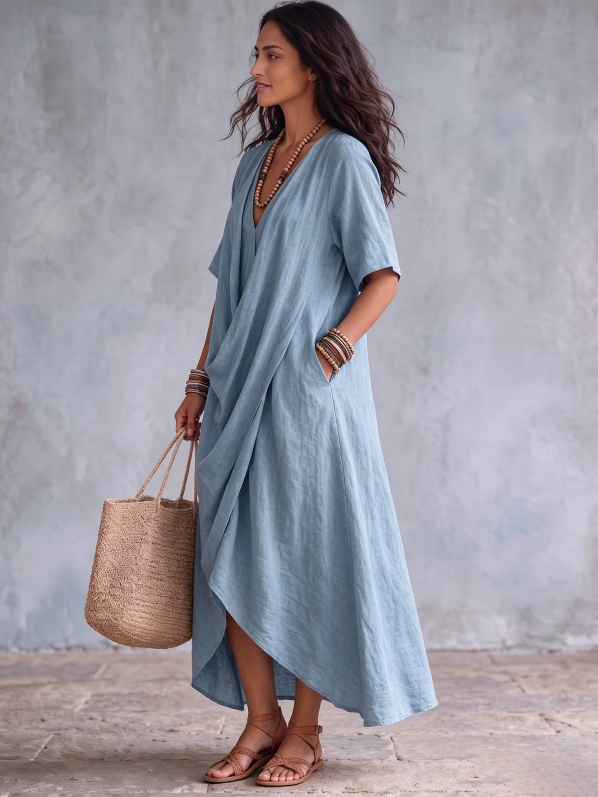 Elegant Cowl-neck Cotton-linen Dress