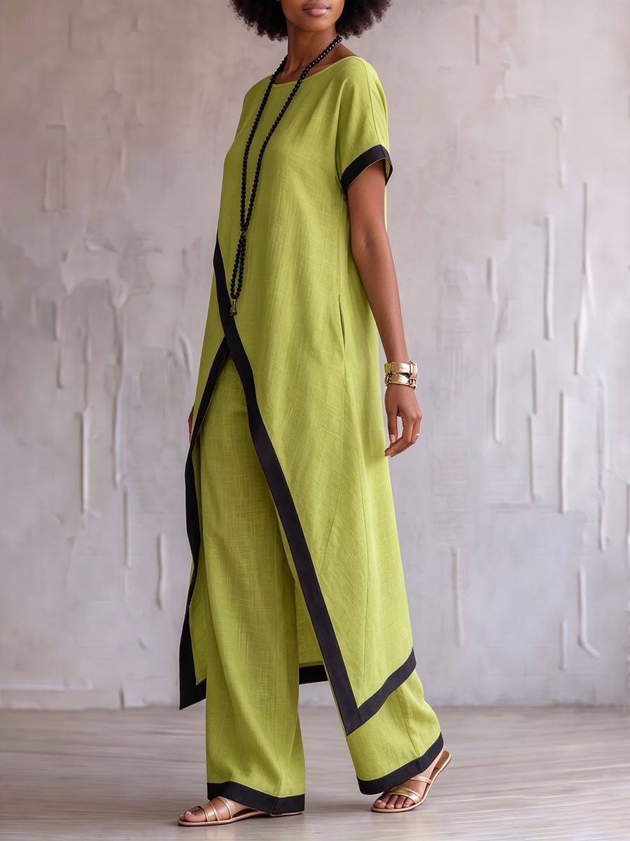 Stylish Resort Wear Cotton-linen Two-piece Set With Elegant Color-contrast Trim
