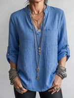 Long-sleeve Linen Top Featuring A Split Mandarin Collar, V-neck, Roll-up Sleeves, And Patch Pockets