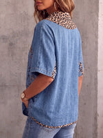 Vintage Elegant Patchwork Denim Leopard Cut-Out Shirt