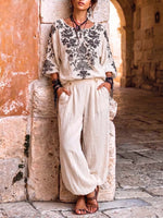 Women's Vintage Placement-print Cotton-linen Set: Casual Loose-fit Top Round Neck 3/4 Sleeves& High-waisted Wide-leg Pants