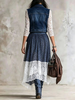 Women's Leopard Print Lace Spliced Denim Vest Irregular Midi Skirt Set
