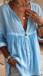 Women's Casual Loose Solid-color Long-sleeve Button-front Pullover Shirt