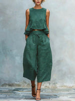 Women's Casual Stylish Ruffled Loose Sleeveless Top And Pants Linen Two-piece Set