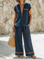 Women's Casual Stylish Zip Top And Pants Cotton And Linen Two-piece Set