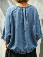 Women’s Gathered Round Neck Batwing 3/4 Sleeve Loose Denim Blouse