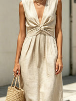Women's Elegant Knot Stylish Art Casual V-Collar Sleeveless Linen Dress